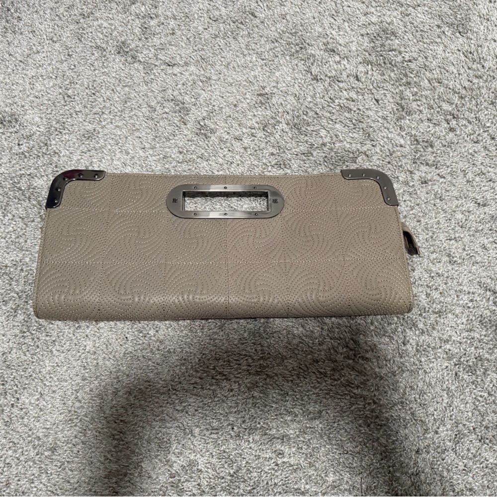 BCBG Textured Gray Clutch with Metallic Accents